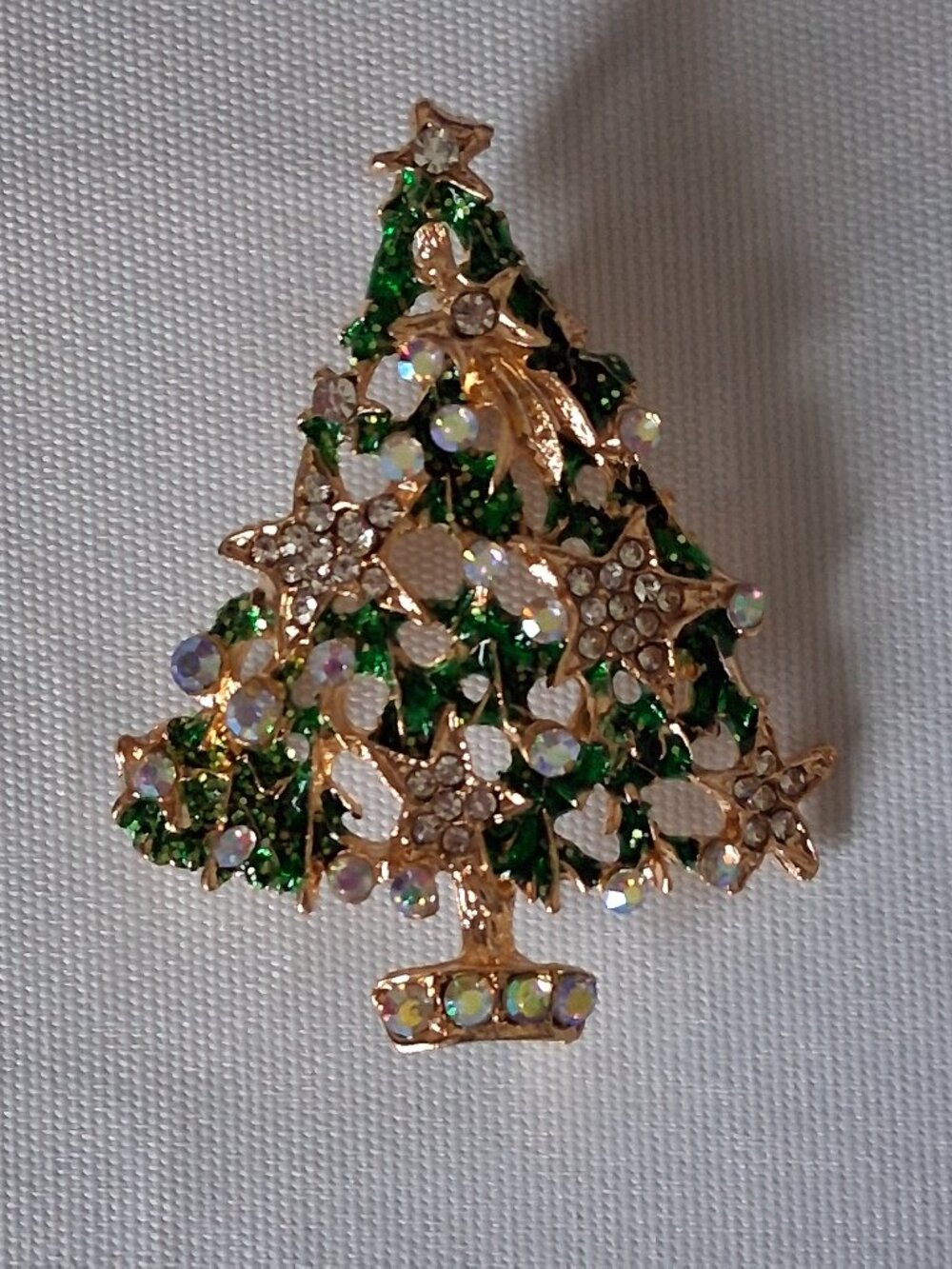 Gold & Green Crystal Star Christmas Tree Brooch Pin New Jewelry
